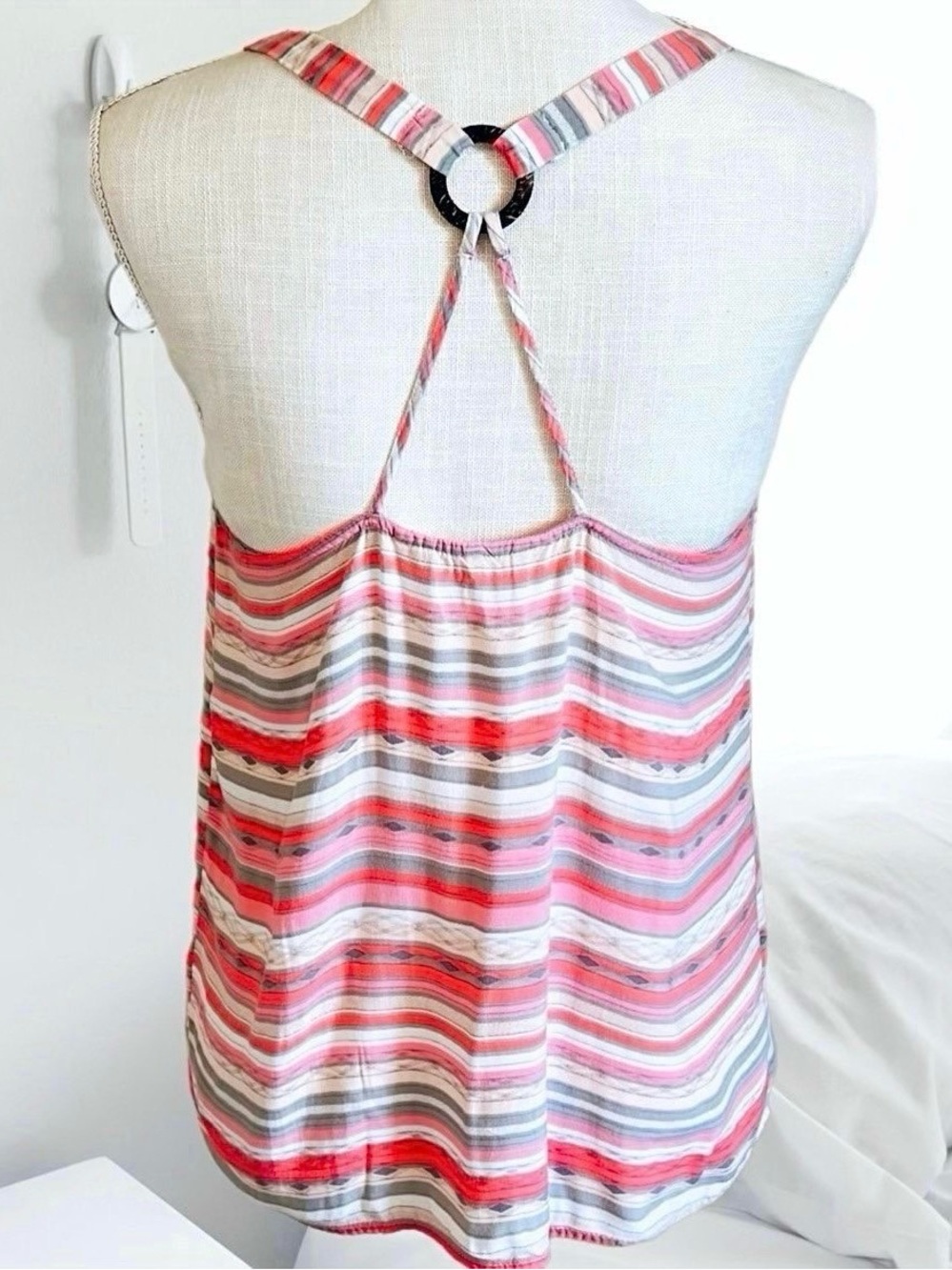 Boho Style Striped Peach Crisscross Open Back O-Ring Tank Top - Women's Small